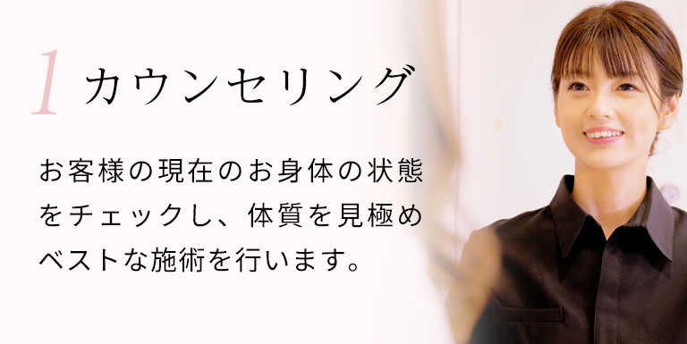 カウンセリングでお客様の現在のお身体の状態をチェックし、体質を見極めベストな施術を行います